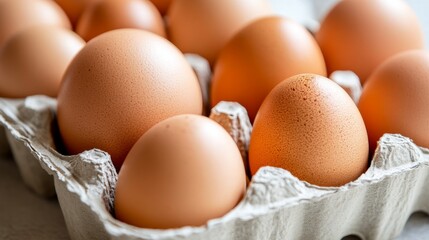 A fresh collection of farm fresh eggs nestled in a cardboard carton ready for culinary delights