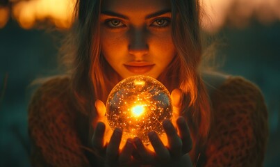 Mystical Woman Holding Illuminated Crystal Ball at Twilight, Intense Stare with Spiritual Energy and Prophecy Vibes, Generative AI