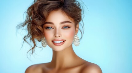 A beautiful smiling woman with flowing hair and bright earrings poses against a soft blue backdrop on a sunny day