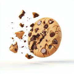 Animated chocolate chip cookie with happy crumbs, bakery scene, sweet vibe, 3D illustration