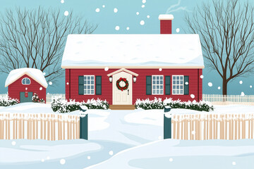 Traditional Christmas card adorned with a snowy landscape, a cozy cottage, and a festive wreath on the door, conveying warm wishes and holiday cheer to friends and family.