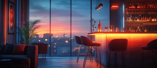 Modern bar with city skyline view and red lighting.