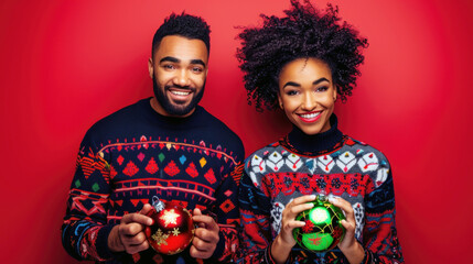 African American couple in festive holiday sweaters, holding Christmas ornaments against a red background.