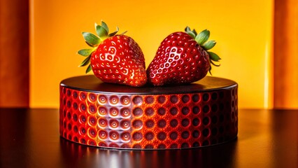 Wall Mural - Two ripe strawberries with green leaves on a red and black patterned round cake stand.