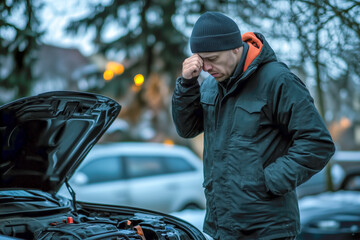 Angry man standing by electric car, battery run out of power before reaching destination. Man phone calling for help, waiting for breakdown service car, tow truck. Banner with copy space.