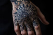 © alexandr - A mandala tattoo on the back of a hand featuring detailed geometric and floral patterns in black ink symbolizing spirituality and artistry