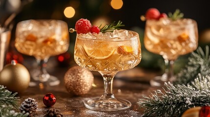 Wall Mural - Three glasses of a festive sparkling cocktail with lemon, raspberries and rosemary garnishes on a rustic wooden table with Christmas decorations.