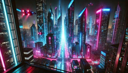 Futuristic cyberpunk cityscape with neon blue and pink lights, tall skyscrapers, and flying vehicles illuminating the night