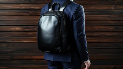 an adult in formal attire showcases a stylish leather backpack in an elegant setting