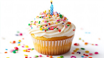 Funfetti cupcake with vanilla frosting, placed on a white background, topped with rainbow sprinkles and a small birthday candle