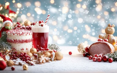 Festive holiday drinks with colorful decorations and twinkling lights on a cozy table setting.