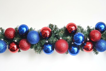 Festive garland adorned with red, blue, and silver ornaments on a white background for holiday decor.