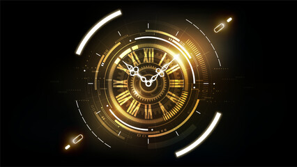 Wall Mural - golden abstract futuristic technology background with clock concept and time machine, can rotate clo
