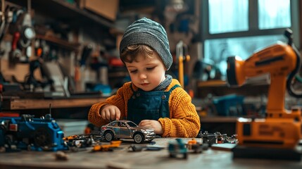 A young child performing a job, such as a mechanic fixing a toy car in a workshop