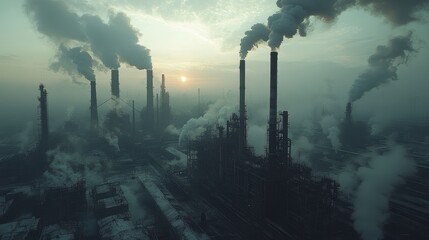 Industrial skyline from an ant's-eye perspective, towering smoke stacks, expansive factory layout, intricate machinery, urban landscape