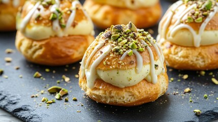 Profiteroles with pistachio cream filling, isolated on a gray slate surface, topped with a drizzle of white chocolate and crushed pistachios