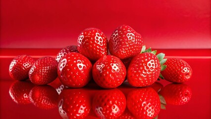 Wall Mural - A pile of fresh, red strawberries on a red surface with their reflection.