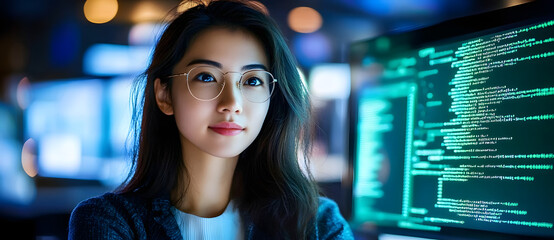 The integration of technology and human expertise in software development is presented by a young Asian woman programmer in front of an LCD screen with code projected