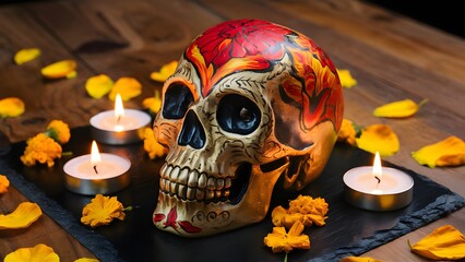 Red and Gold Design Skull on Slate with Marigolds