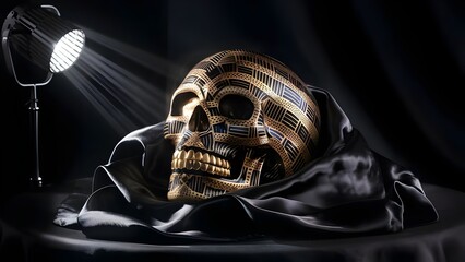 Luxury Geometric Black and Gold Skull on Satin