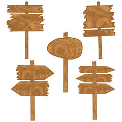 Wooden road sign, arrow directional signs post, road signboard or wooden signpost. Empty wooden sign background board plank set with right, left, both sides. Wooden pointer, grain wooden pole frame