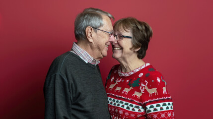 Elderly Caucasian couple nose-to-nose, smiling and wearing festive sweaters, celebrating Christmas against a red background.