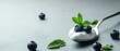 © afridwi - A spoonful of yogurt topped with blueberries and mint leaves on a gray surface.