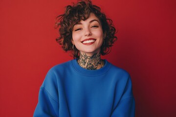 Young woman with curly hair and tatoos in casual blue sweatshirt smiling against red background for advertising and promotion