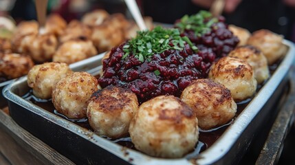 Close-up of Swedish potato dumplings (kroppkakor) filled with pork and served with lingonberry sauce at a street food market.