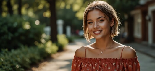 Wall Mural - Tanned American girl with stylish haircut poses, looking at camera with smile. Portrait of joyful lady in summer outfit