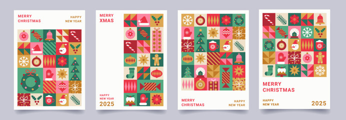 Wall Mural - Set of Merry Christmas and Happy New Year geometric minimalist card. Xmas backgrounds. Modern pattern with Christmas flat abstract icons. Trendy design for holiday invitation, poster, cover, template.