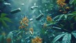© Sam - Pills floating in the air among green leaves and yellow flowers. A surreal and abstract concept.