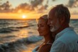 © James - Senior couple in love sharing a romantic moment at sunset by the ocean shore, Generative AI