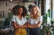 © Pooja - Multicultural businesswomen standing in a co-working office, Generative AI