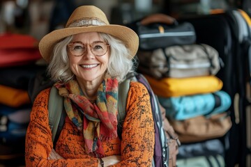 Retired woman packing for an exciting bucket list trip, Generative AI