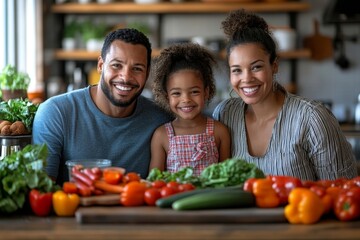 Smiling young family in kitchen, Generative AI