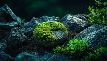 A round moss-covered stone, nestled in the forest floor surrounded by other...