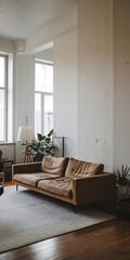 Modern brown sofa in a minimalist living room with white walls and wooden floors  perfect for interior design and home decor projects   