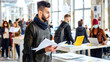 © evgenia_lo - A Middle Eastern male student in a crowded university setting, reading documents. He is in his twenties, with a beard and stylish hair, wearing a sweater and scarf.