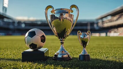 Wall Mural - Shiny golden and silver trophy cups with a ball in front of them on a blurry stadium background.