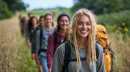 Group of friends on country walk, Generative AI