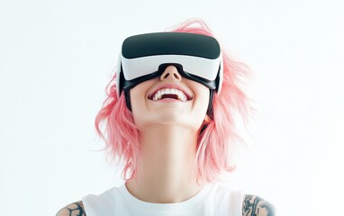 Smiling young pretty woman with blue hair wearing a VR headset on a clean white background 