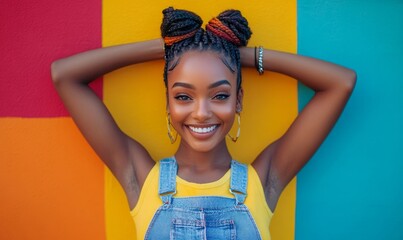 Confident gen z woman with two tone braids celebrating on a vibrant colored background, Generative AI