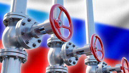 Wall Mural - Steel pipes near Russian flag. Gas supplies from Russian federation. Energy export pipeline. Gas pipes with red valves. Oil pipeline for import. Buying gas in Russia concept. 3d image