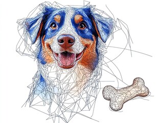 Abstract line art portrait of a happy dog with a bone.