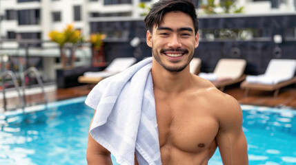 Asian male with a towel around his neck smiling at the camera, enjoying leisure time at a pool.