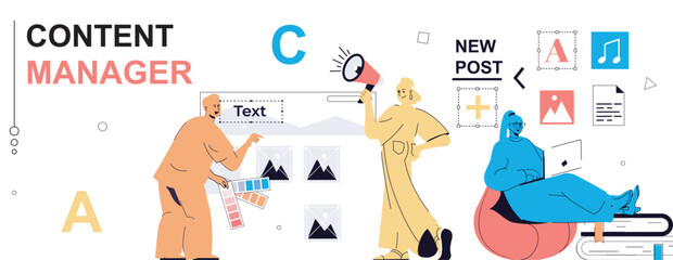 Leinwandbilder - Content manager concept in flat cartoon design for web banner. People filling sites with images graphics, selecting color palette, writing articles, creating posts in online blog. Vector illustration.