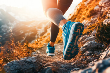 a close-up of a runner's feet in blue sneakers on a rocky mountain trail, capturing the spirit of ou