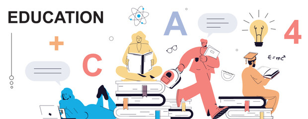 Fototapete - Education concept in flat cartoon design for web banner. People learning at school or college, reading books, studying science, doing homework at laptop, getting new information. Vector illustration.