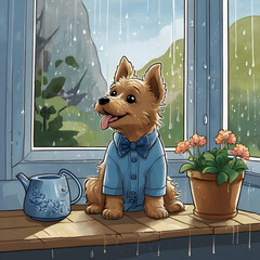 Create a cute illustration of a small, fluffy dog in a blue jacket and bow tie, happily looking out an open window with large, expressive eyes and a joyful smile. Outside, it's raining, and a small bl